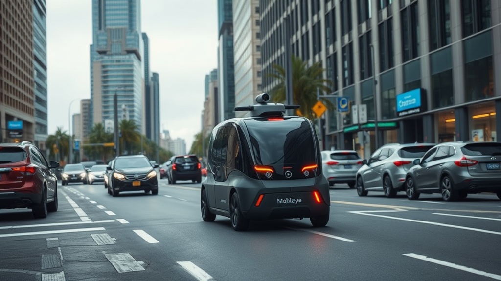 A Mobileye-powered autonomous vehicle navigating a busy city street during testing.