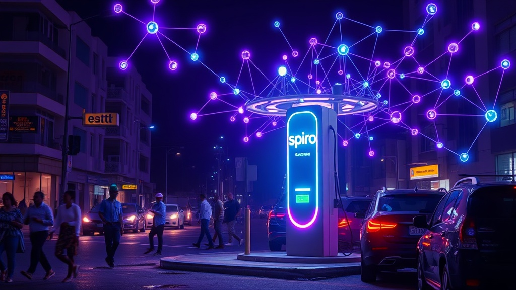 Spiro electric vehicle charging station being installed in a bustling African city street