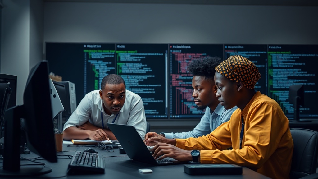 Nigerian students collaborating on a tech project in a university lab