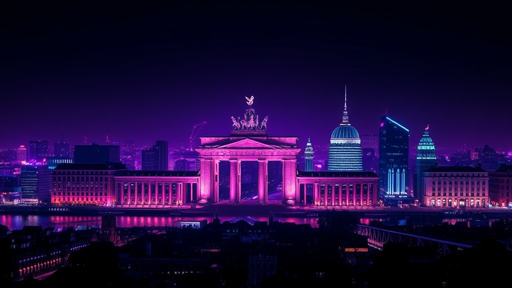Illustration of a Berlin skyline with AI-themed overlay graphics