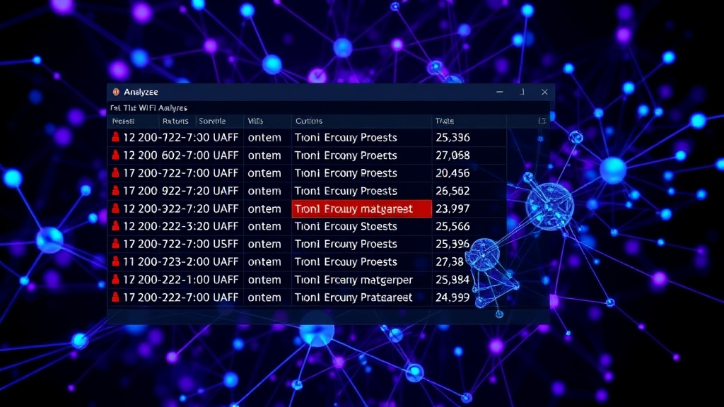 Screenshot of a Wi-Fi analyzer showing numerous probe requests, one highlighted as potentially malicious