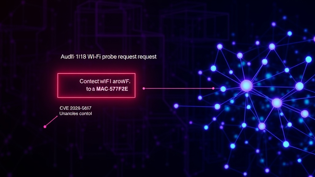 Diagram illustrating the flow of a malicious Wi-Fi probe request to a vulnerable MAC-577IF-2E adapter