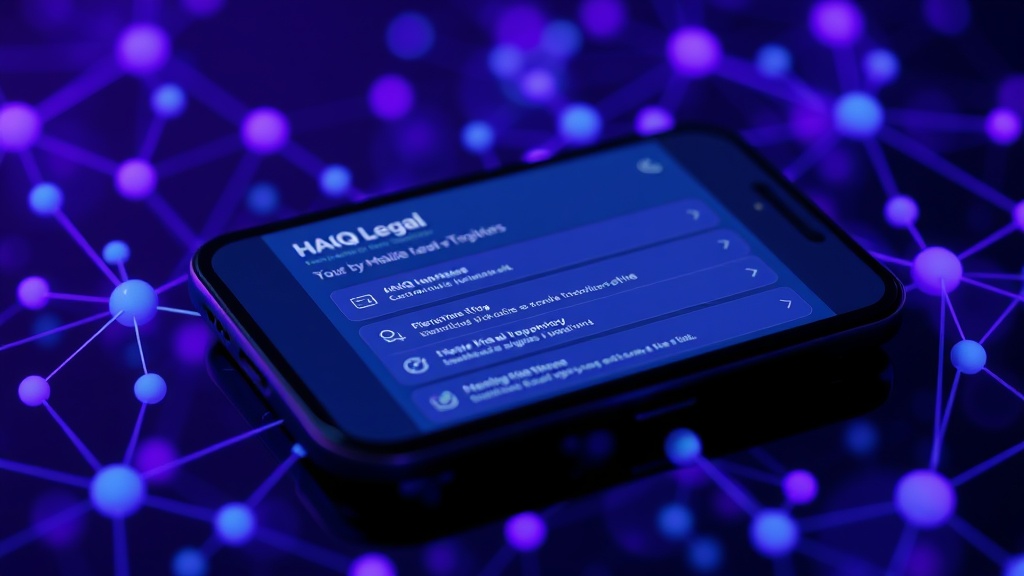 Smartphone screen displaying the HAQQ Legal AI app interface with legal query options