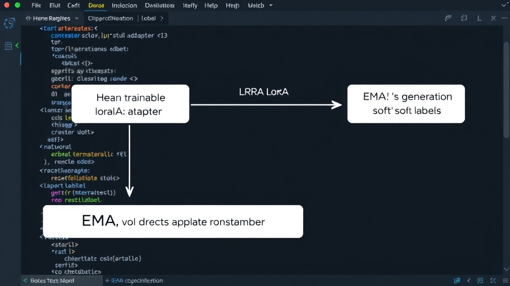 Diagram illustrating the EMA-LoRA concept: a main trainable LoRA adapter and a slowly updating EMA adapter generating soft labels.