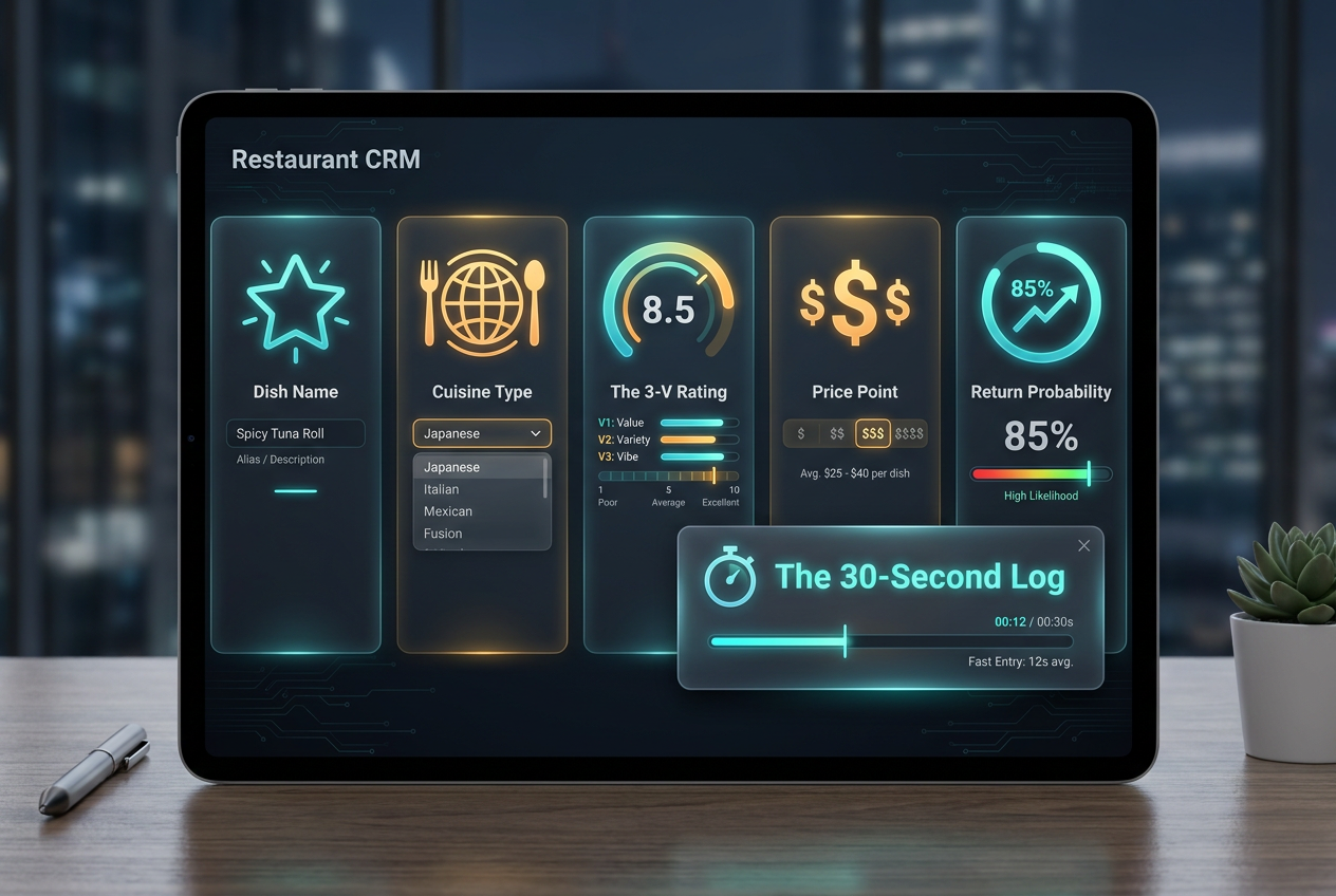 Digital database schema for a personal restaurant tracker showing fields for dish name, cuisine, rating, price, and return probability in Notion.