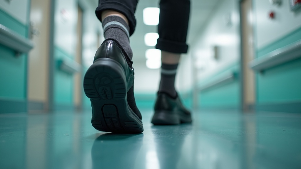 Women's compression work sock for flat feet in a healthcare environment