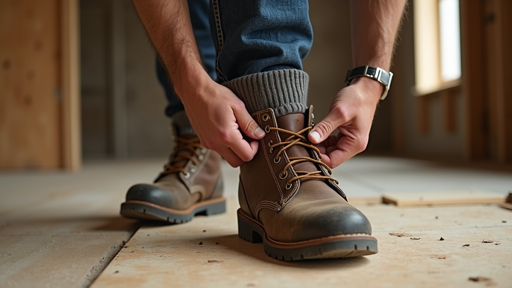 Work boot sock for flat feet being worn on a construction site