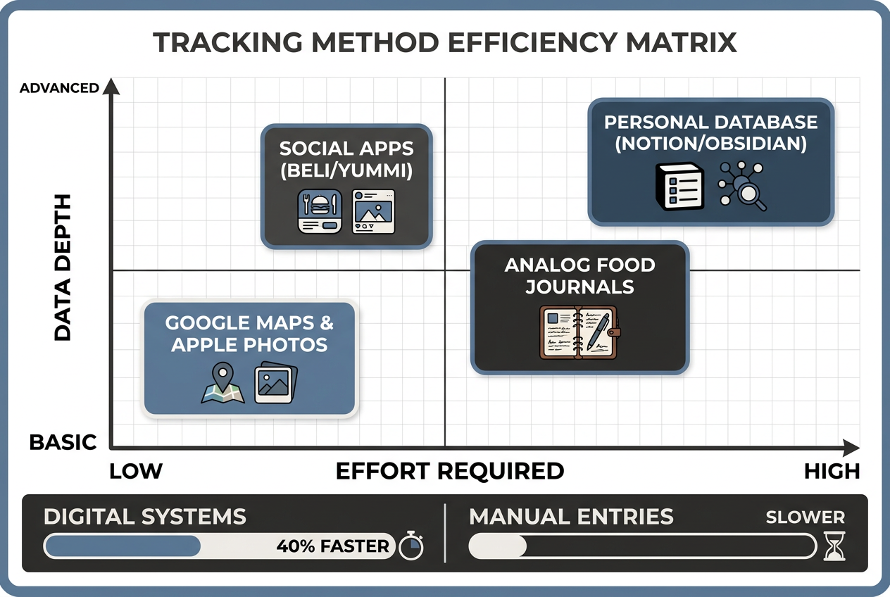 Comparison matrix chart showing dish tracking methods like Beli, Google Maps, and Notion based on user effort and data depth for foodies.