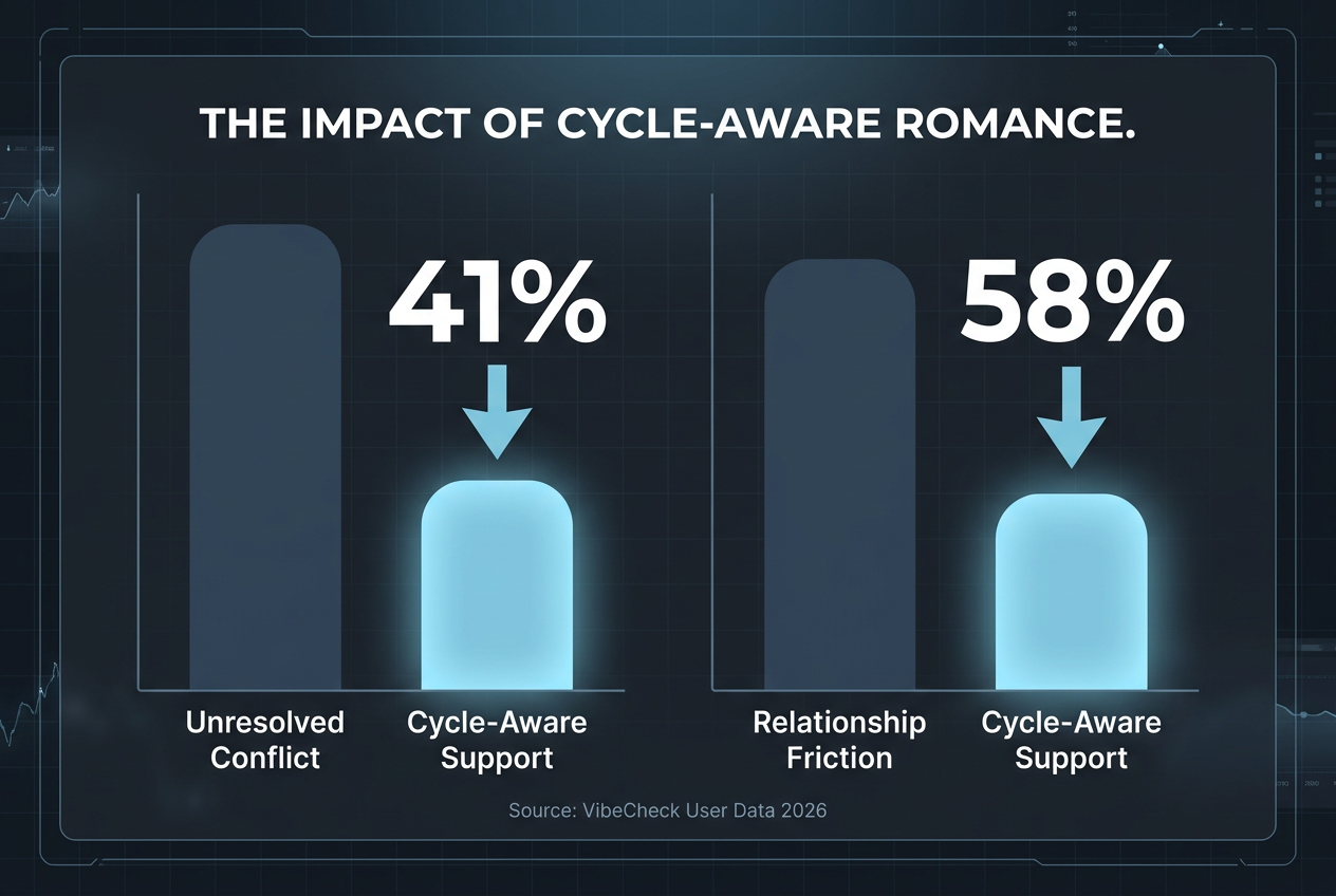 Bar chart showing a 41% reduction in unresolved conflict and a 58% reduction in relationship friction using cycle-aware romantic planning strategies.