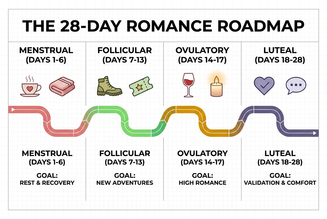 A horizontal roadmap showing the four phases of a woman's cycle: Menstrual, Follicular, Ovulatory, and Luteal, with specific romantic goals for each.