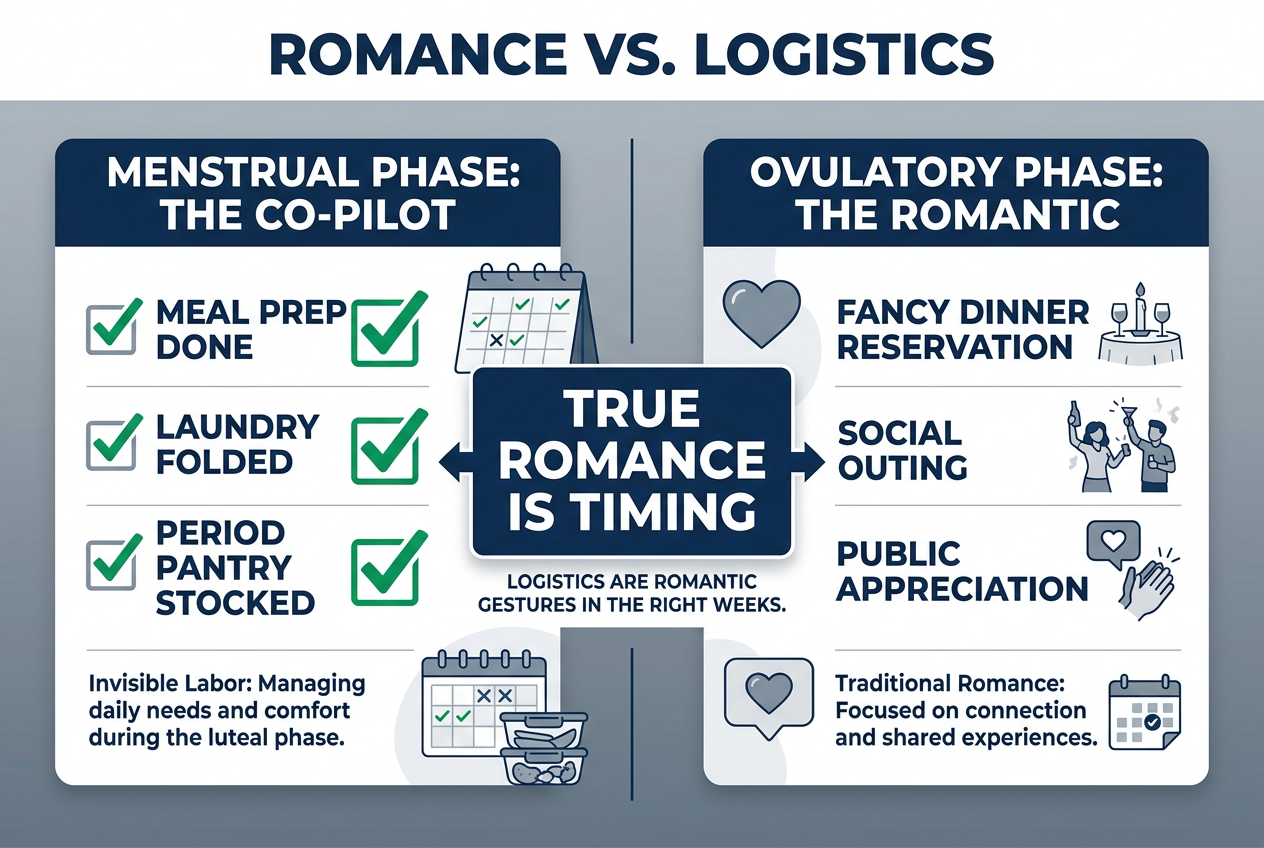 Comparison chart showing how romantic gestures shift from logistical support during the menstrual phase to high-energy dates during the ovulatory phase.