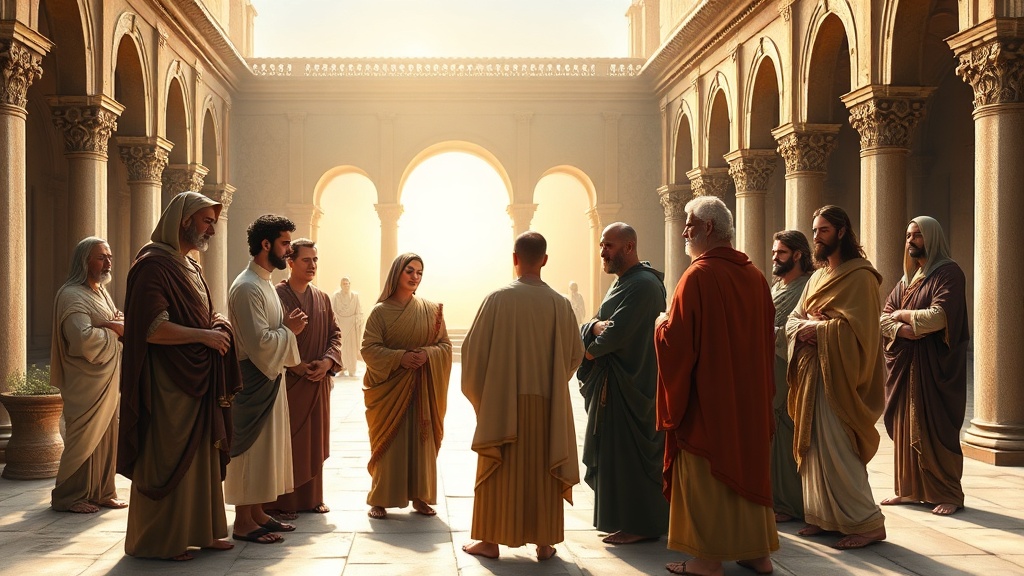 A biblical-inspired scene of unified community and servant leadership
