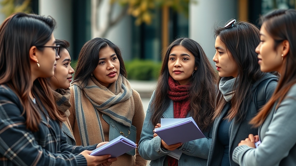 Photo of diverse international students on a Canadian university campus discussing new reforms, showcasing a dynamic and inclusive study environment.