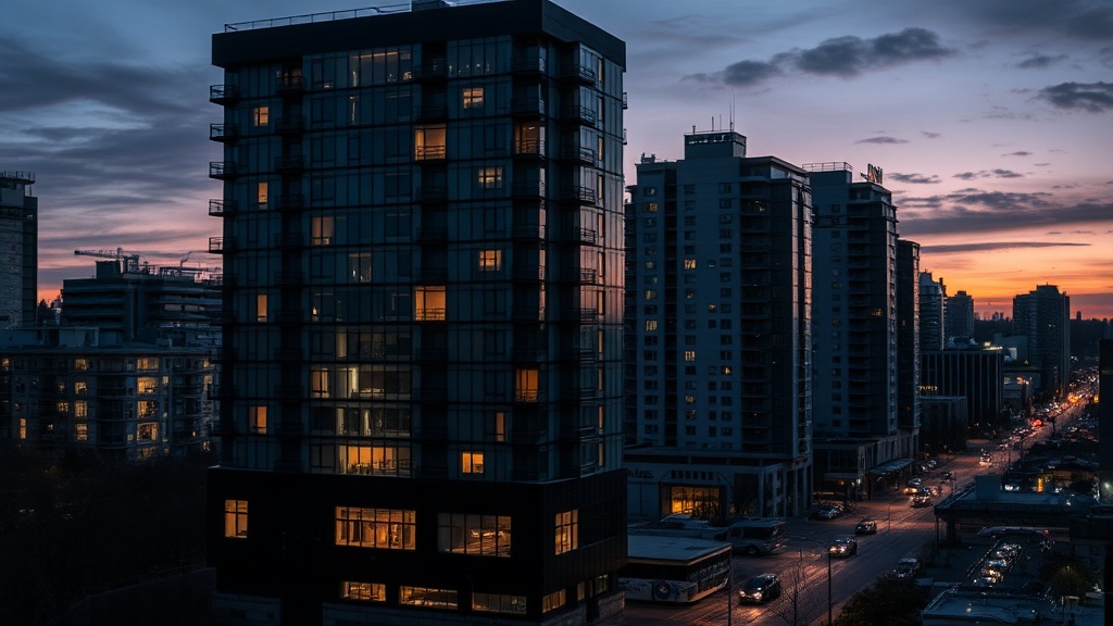 Photojournalistic image of a cityscape in Surrey, British Columbia during twilight, showcasing both modern urban life and subtle tension, high resolution.