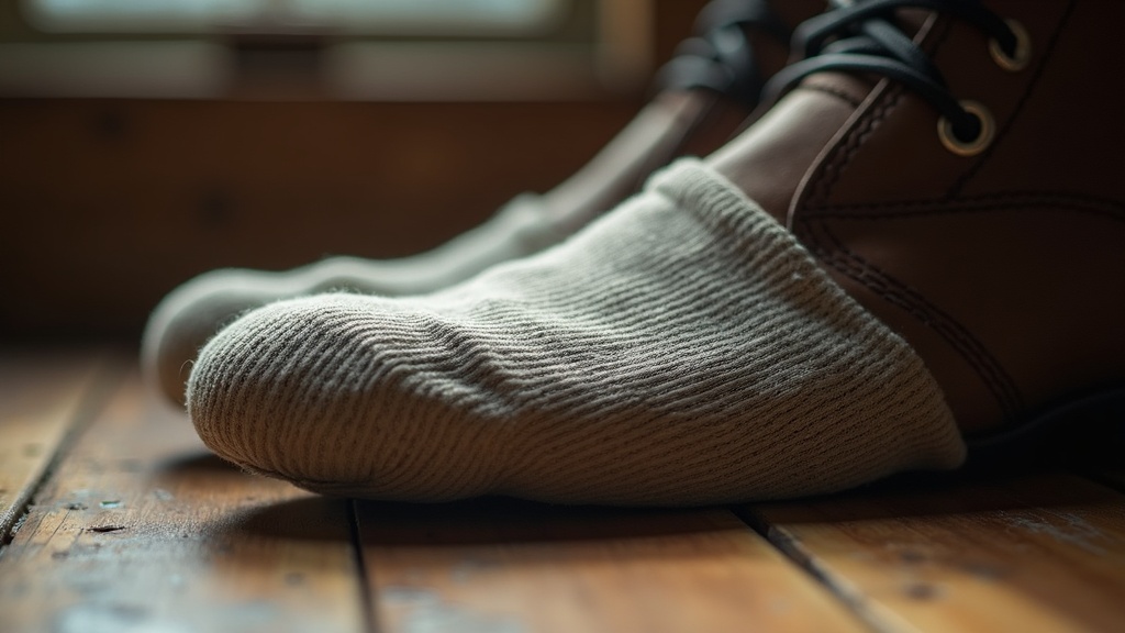 Damp cotton work sock next to a steel toe boot