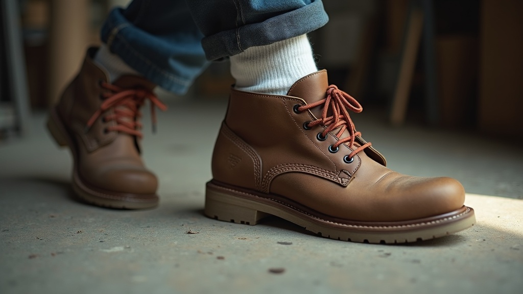 Merino wool work sock going into a steel toe boot