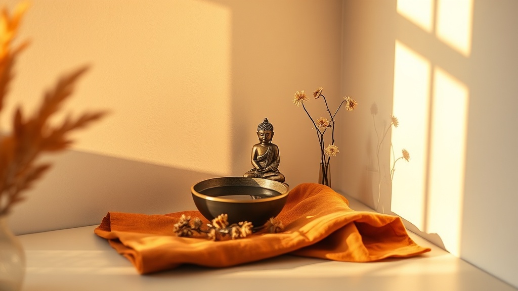 Petit autel bouddhiste minimaliste avec une statue en bronze, un bol d'eau et des fleurs séchées sur une surface en bois