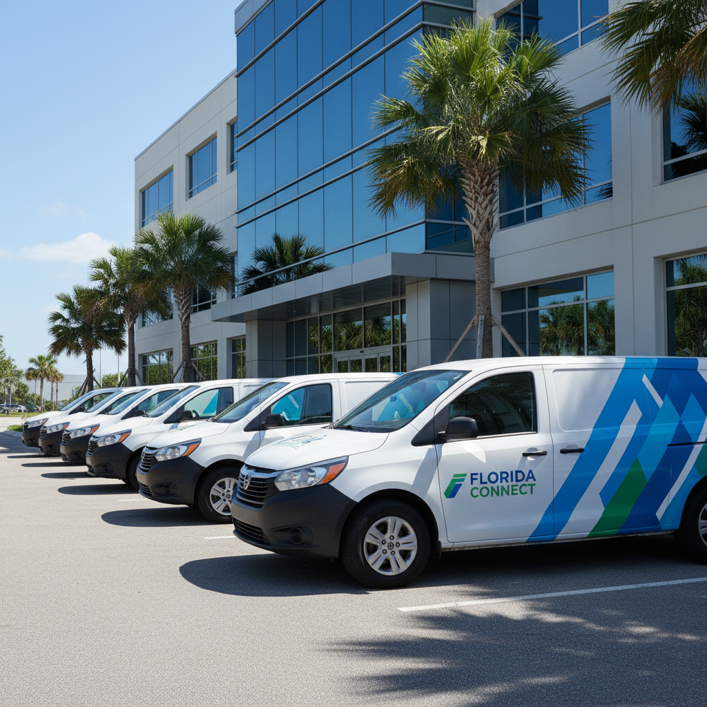Commercial fleet wrapped vehicles parked in Florida sunny day