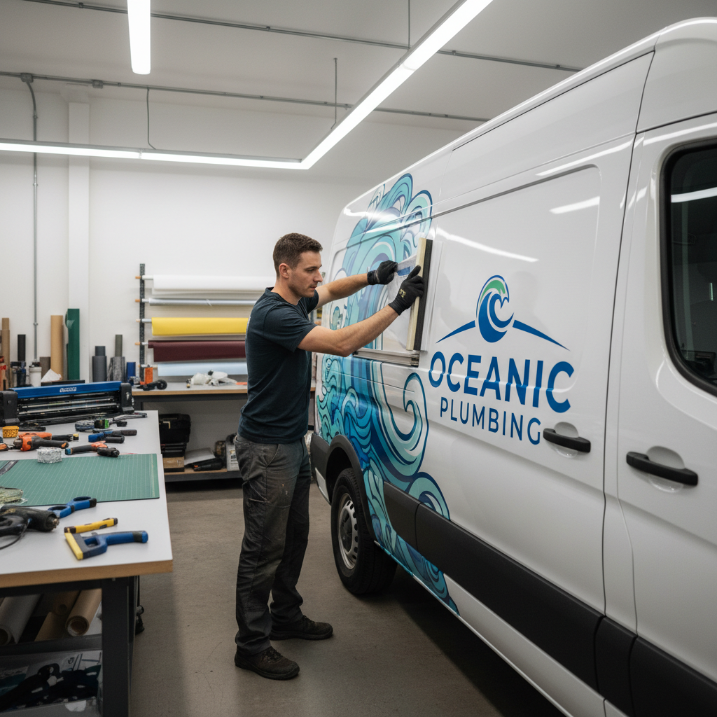 Professional installer applying vinyl wrap to commercial van