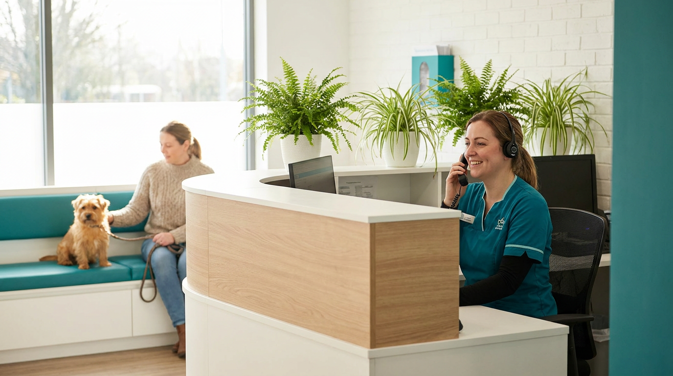 Rustige baliemedewerker met headset beantwoordt de telefoon aan de balie van een moderne dierenartspraktijk