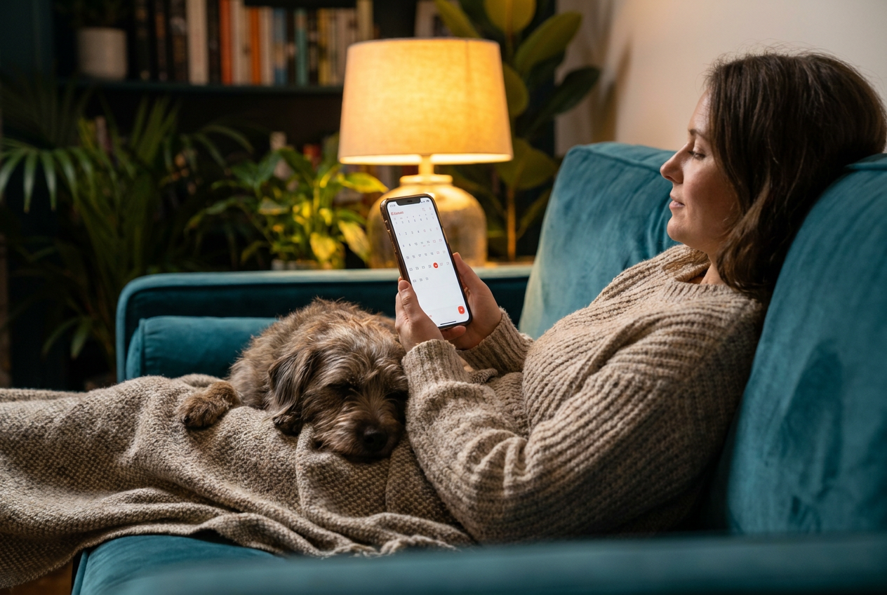 Ontspannen baasje maakt thuis in de avond een afspraak bij de dierenarts via de smartphone, met een hond naast zich op de bank