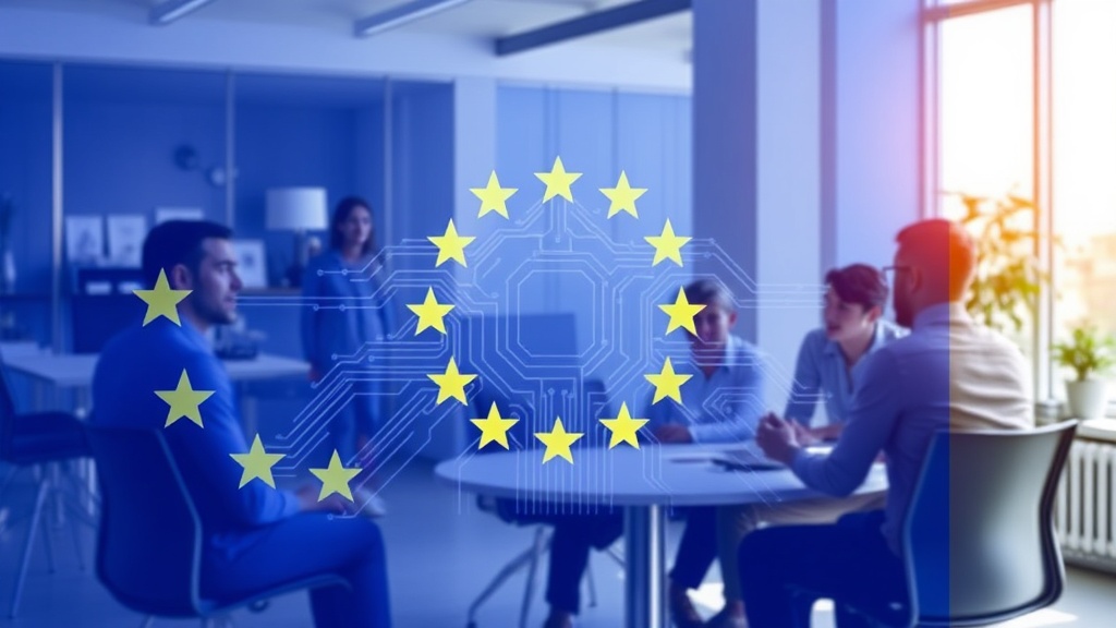 European Union flag with superimposed tech circuit board graphics