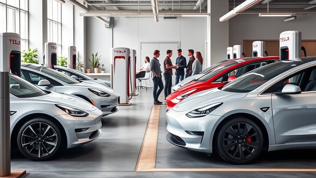 Tesla Model 3 and Model Y vehicles lined up at a charging station.