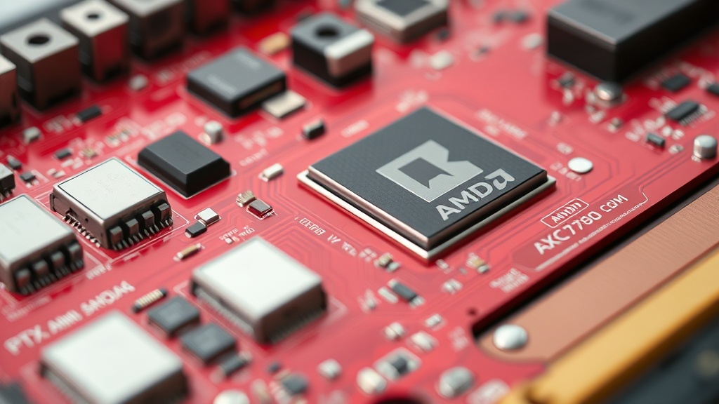 Close-up of the red PCB of the AMD RX 7900 XTX engineering sample, highlighting its unique design.