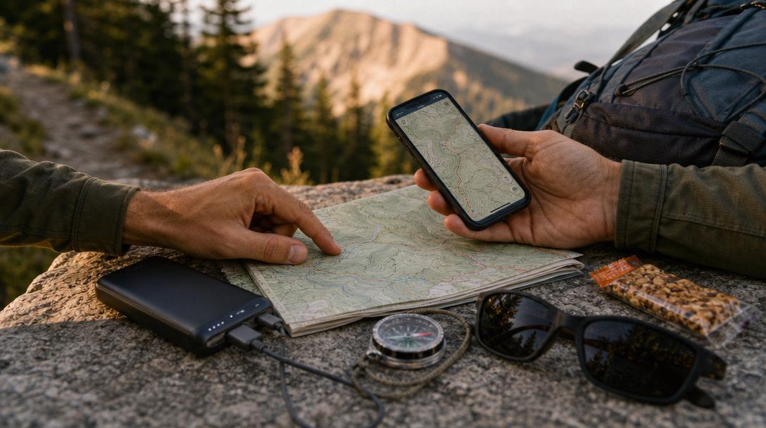 Essential hiking gear packed ready on trail before hike
