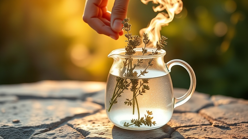 Préparation d'une infusion de thym frais dans une théière en verre
