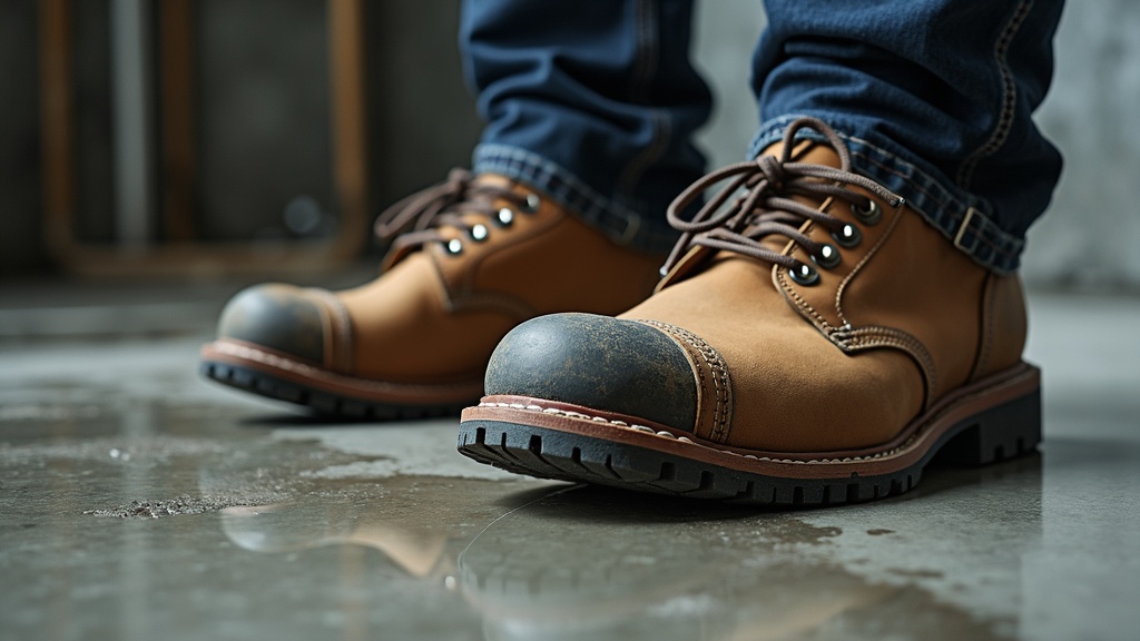Botas de trabajo pesado sobre piso de concreto húmedo