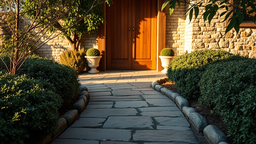 Curved garden path leading to a wooden front door, flanked by green shrubs and stones