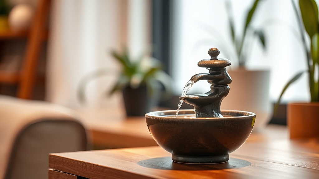 Small indoor tabletop water fountain near an interior wall, soft warm light