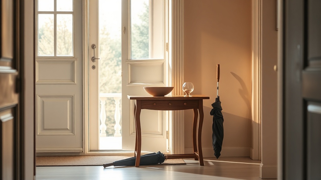 Clean minimal entryway console table near a front door with a ceramic bowl and natural textures