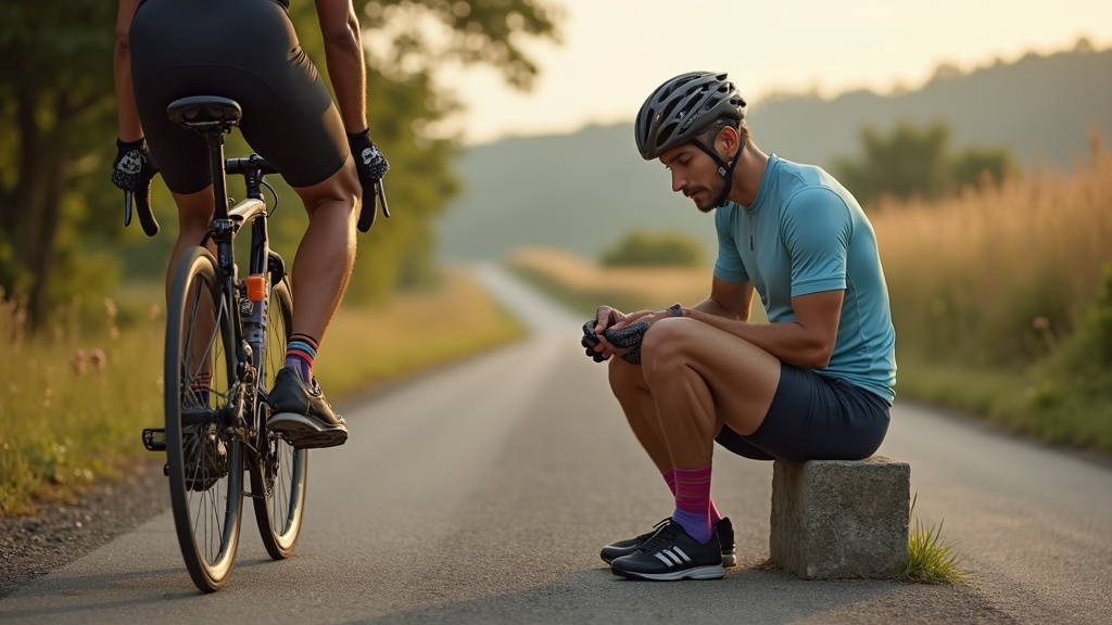 Ciclista revisando el calcetín de ciclismo en una parada durante una ruta de verano