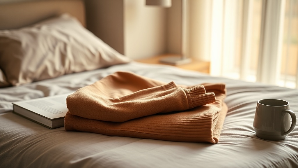 Camel-tone cashmere lounge pants folded on bedside table with book and ceramic mug