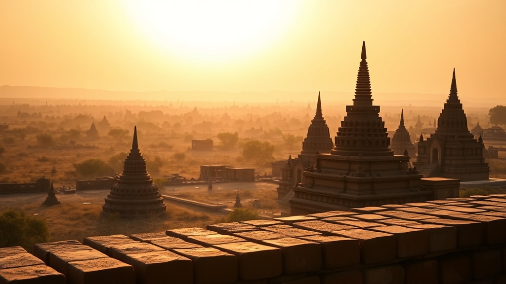 Plaine de Bagan au coucher du soleil avec les flèches des pagodes visibles à l'horizon
