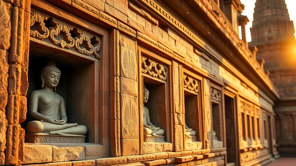 Façade sculptée du temple Nagayon à Bagan, niches abritant des reliefs de Bouddha en briques anciens