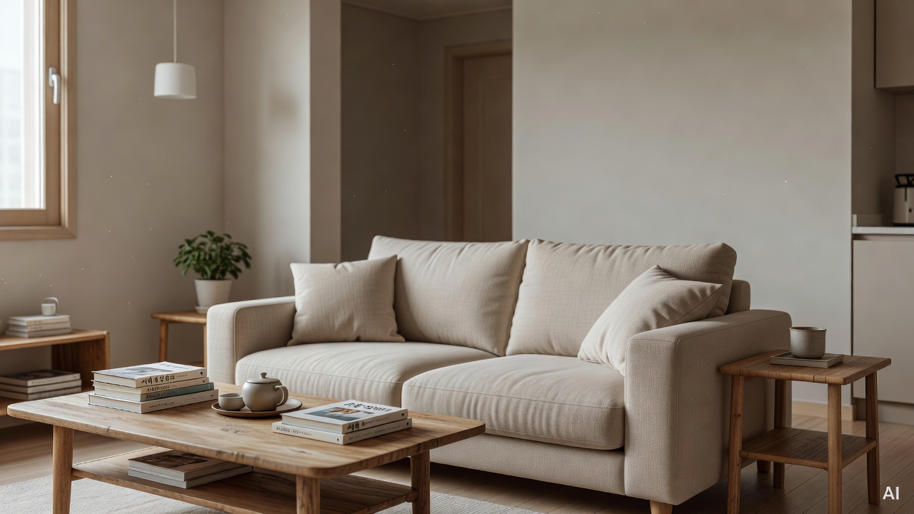 cozy Korean apartment living room styled with neutral tones, beige sofa and wooden furniture