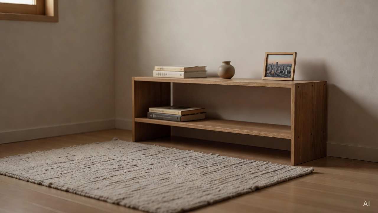 small Korean apartment room corner with warm lighting, rug on floor, and minimalist shelf