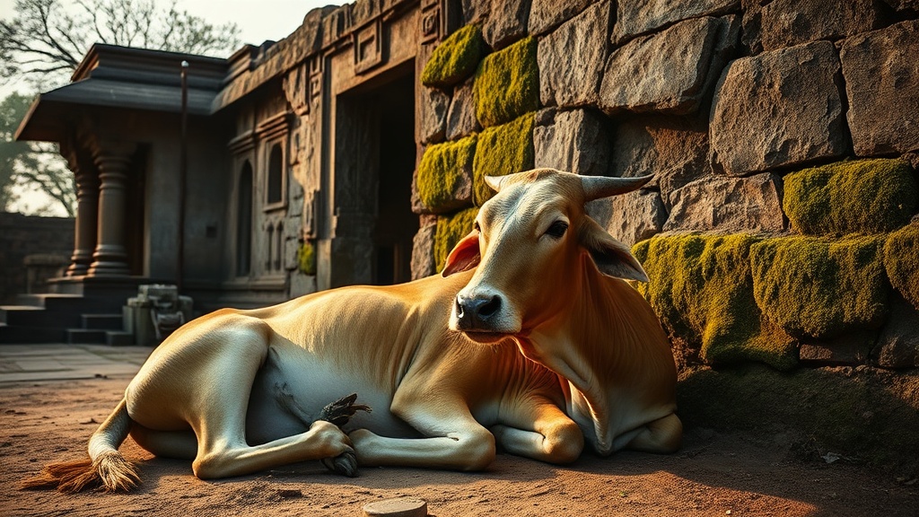 Vache sacrée près d'un temple indien, symbole de maternité dans le bouddhisme et l'hindouisme