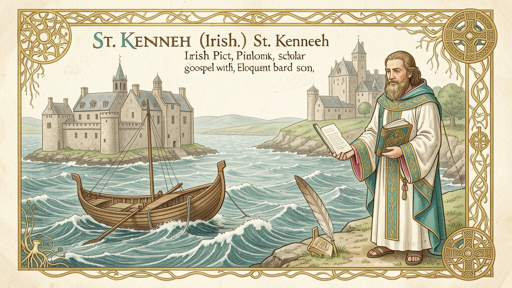 St. Kenneth — Scholar-Missionary with Gospel Commentary, calm sea crossing to Iona, monasteries of Aghaboe and Kilkenny in light encyclica style