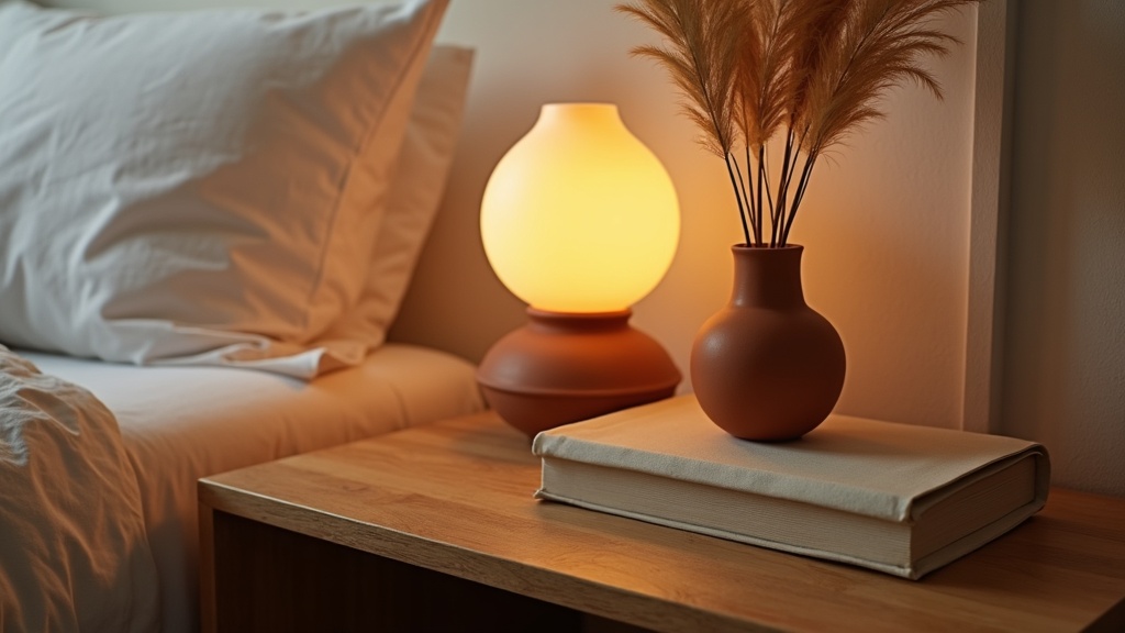Intentional boho nightstand with ceramic lamp, pampas grass and raw wood