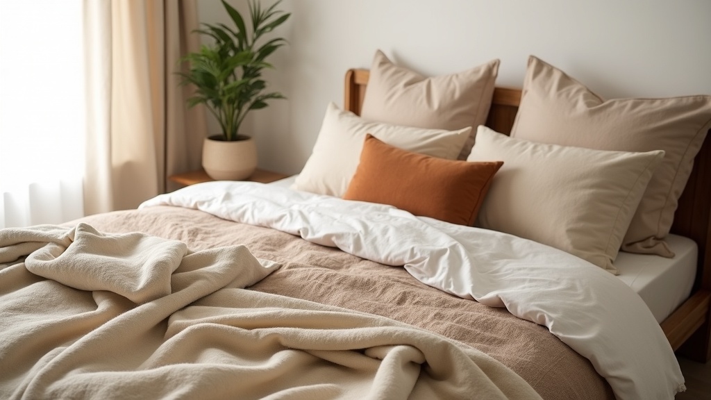 Layered boho bed with linen, wool and terracotta tones