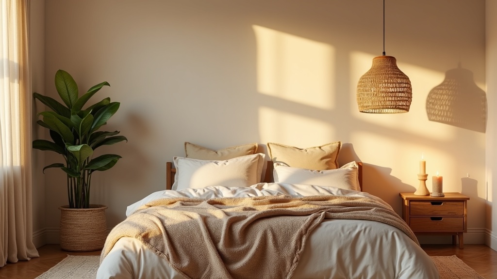 Boho chic bedroom design for adults with warm linen, rattan and natural textures