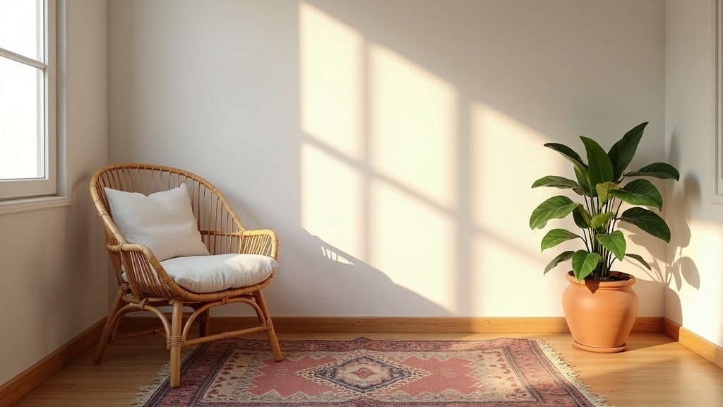 Boho bedroom corner with rattan chair, kilim rug and trailing plant