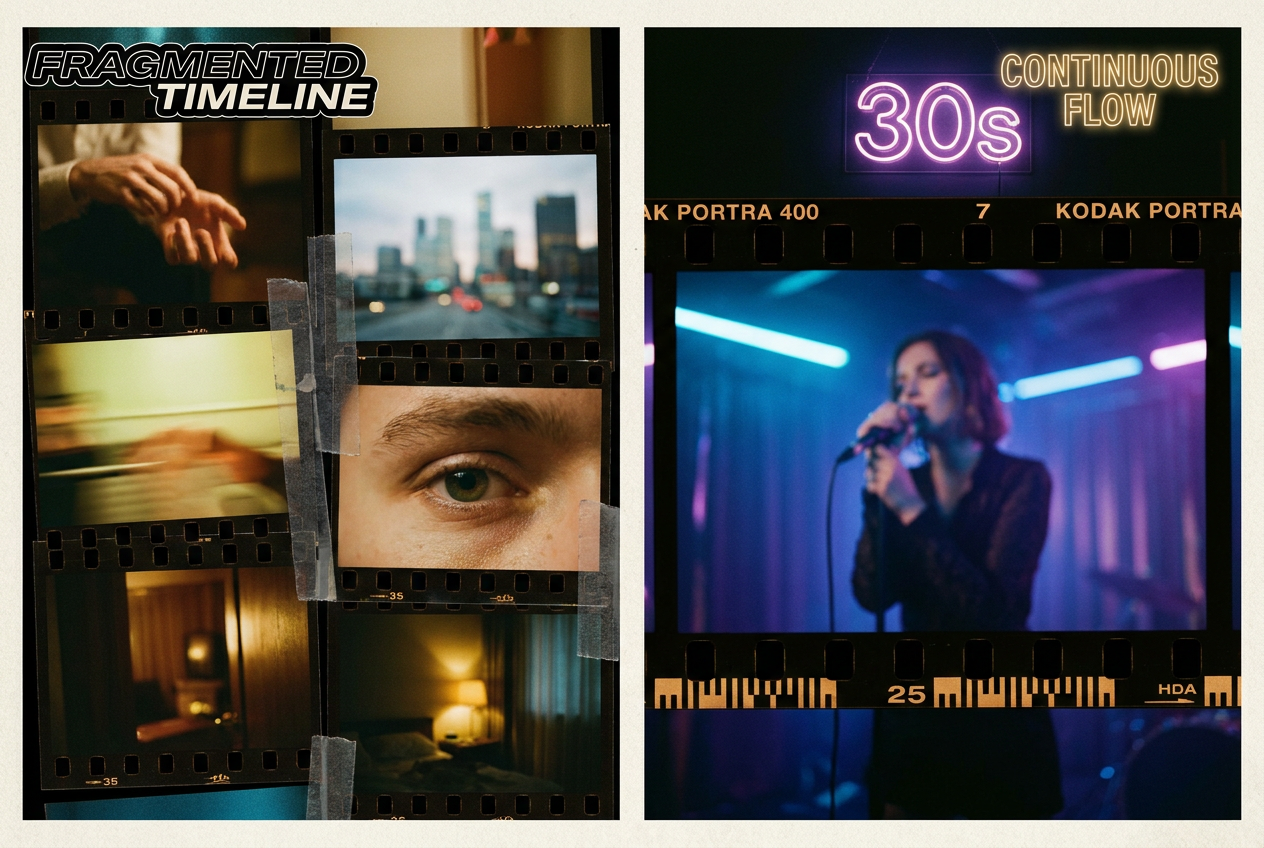 alt text for a side-by-side comparison of stitched AI video clips versus a single continuous shot