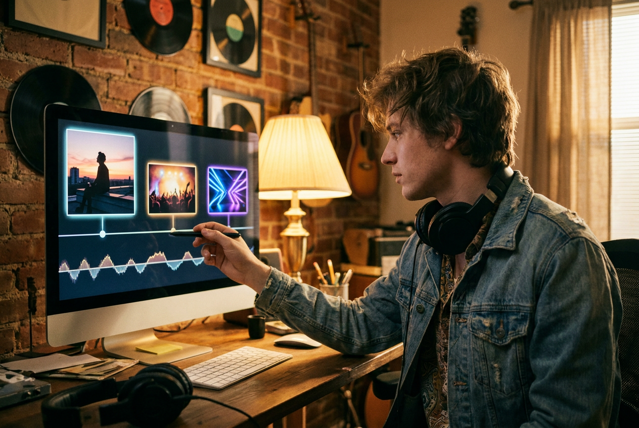alt text for a musician reviewing an AI-generated music video storyboard
