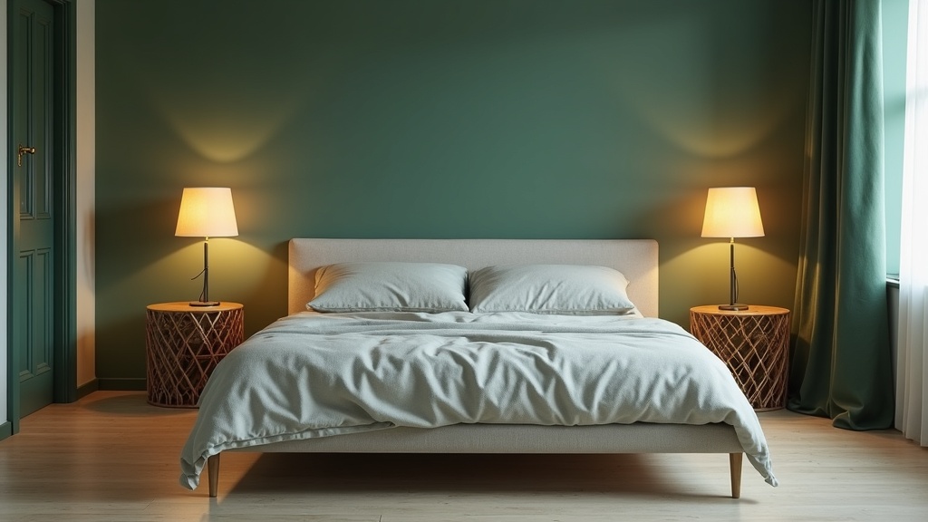 Deep sage green one wall wallpaper bedroom with warm lamp light