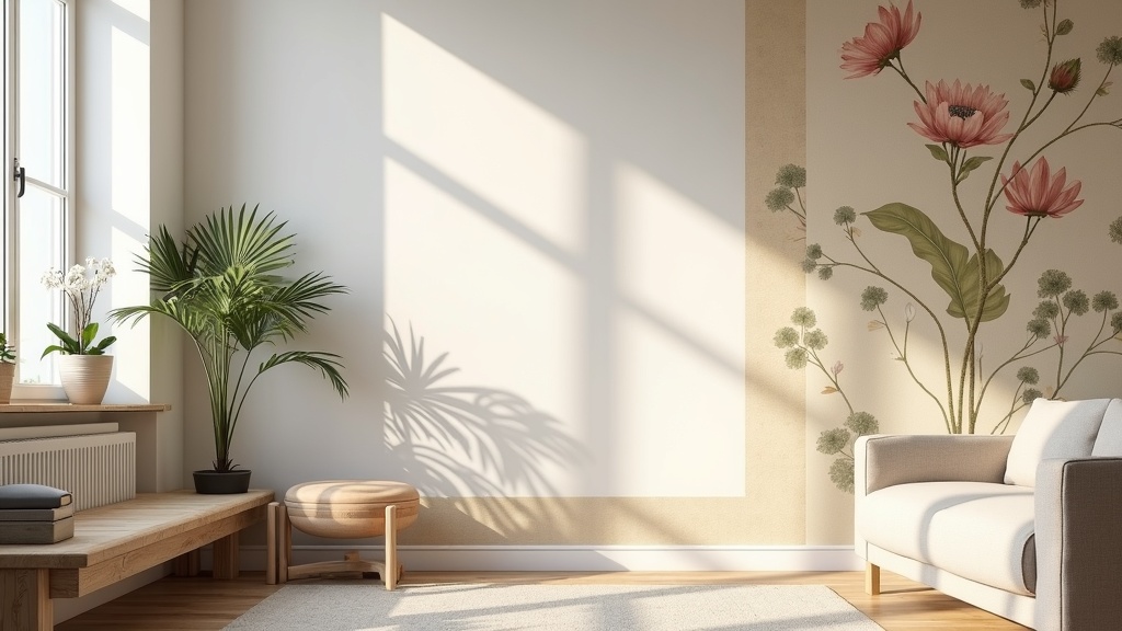 Modern wallpaper feature wall in a Scandinavian-style living room
